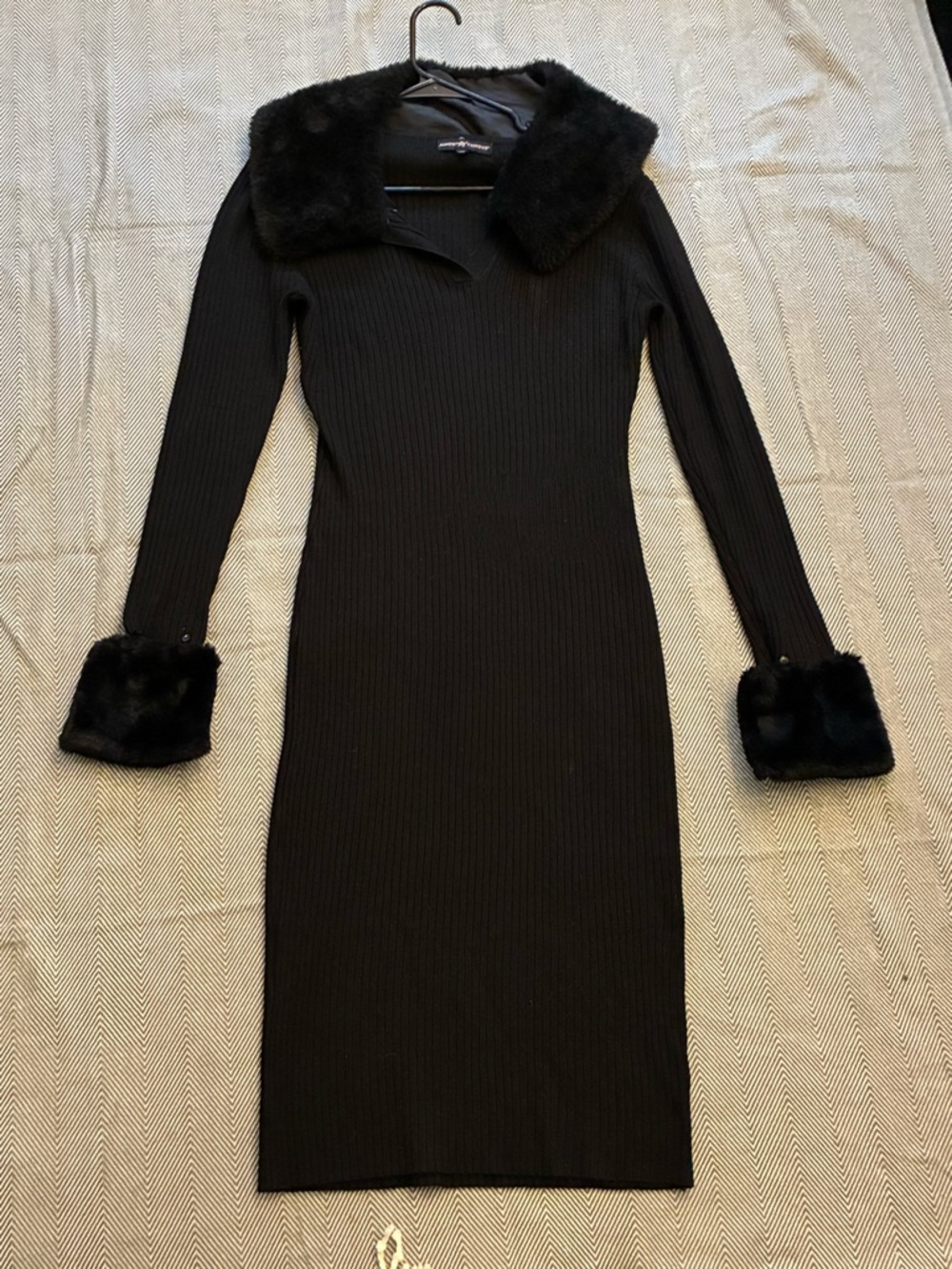 Fashion Nova Black Long-Sleeve Ribbed Dress with Faux Fur Collar & Cuffs